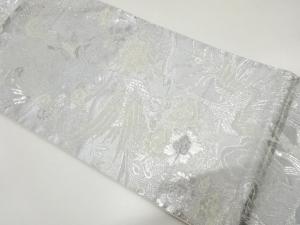 孔雀に草花模様織り出し　全通袋帯
